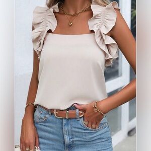 Oatmeal Solid Ruffle Trim Sleeveless Top